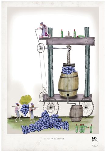 Red Wine Harvest - whimsical fun red wine lovers print by Tony Fernandes